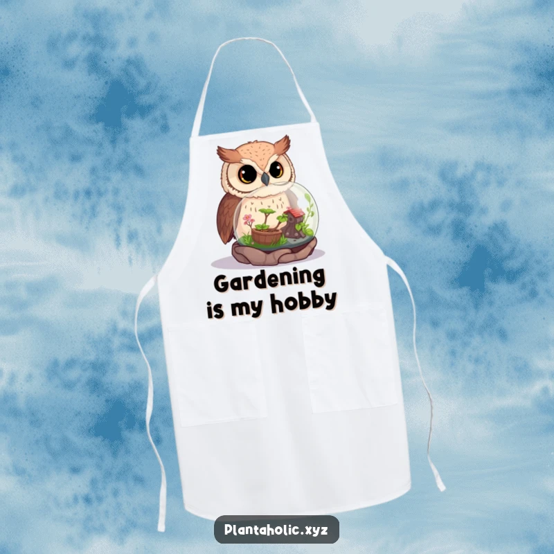 Funny owl peeking into a miniature terrarium, making this apron a must-have for nature-loving chefs.