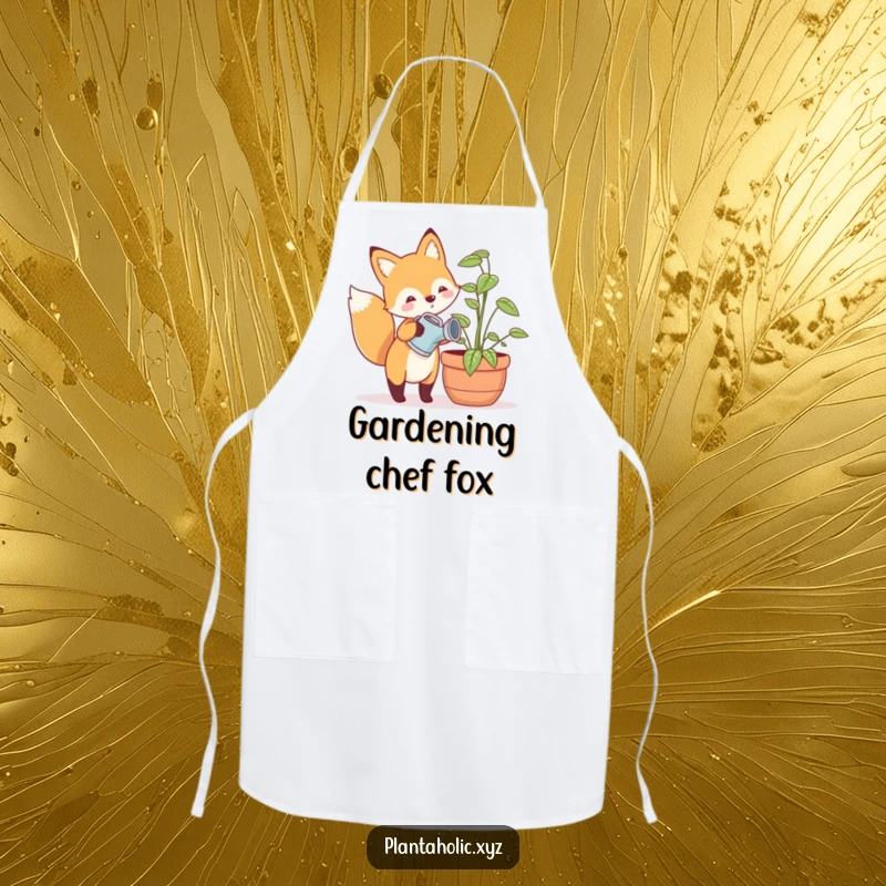 Funny apron showing a happy fox with a tiny watering can, gently watering a large potted plant, a humorous and practical kitchen accessory.