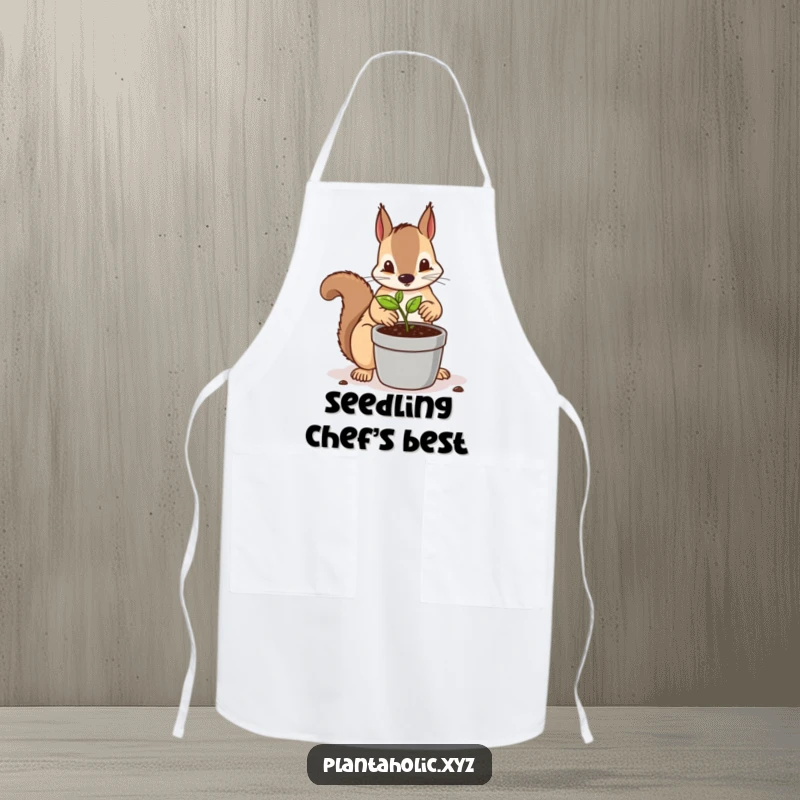 Funny apron showing a determined squirrel meticulously repotting a tiny seedling into a larger pot, a humorous and practical kitchen accessory.