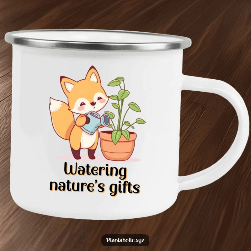 Funny camping mug with a happy fox holding a tiny watering can, watering a large potted plant, durable and humorous for outdoor lovers.