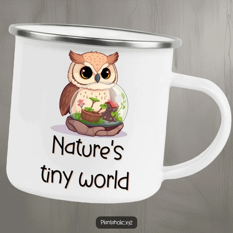 Funny owl perched near a miniature terrarium, designed for outdoor adventures and nature appreciation.