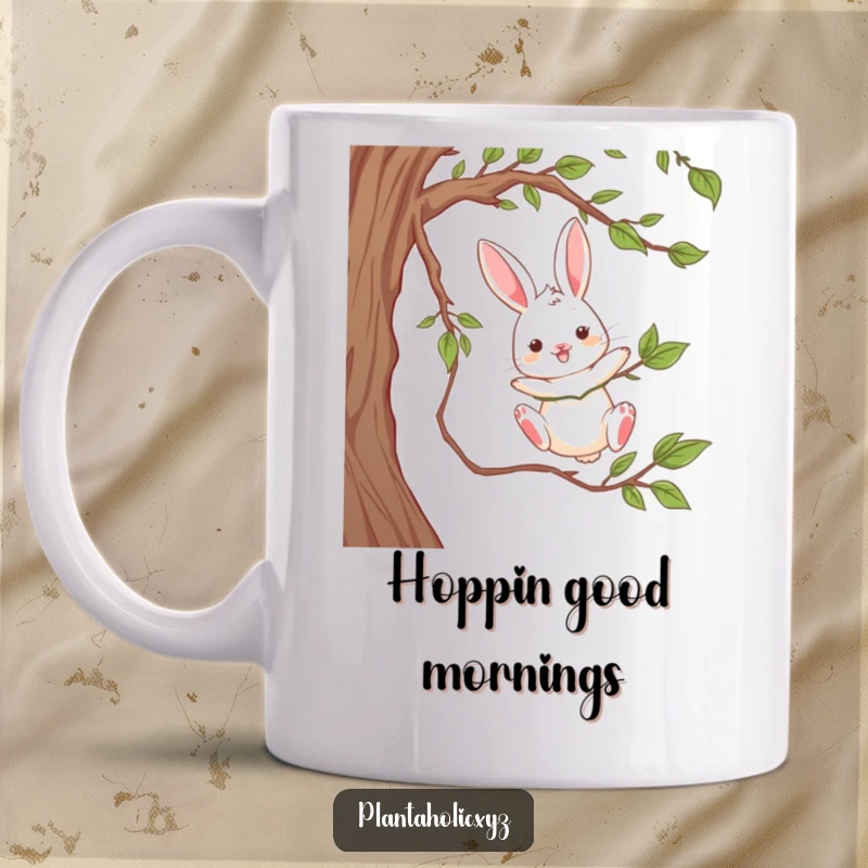 Funny mug showing a playful rabbit dangling from a thick vine, mid-swing, a humorous and energetic woodland animal scene.