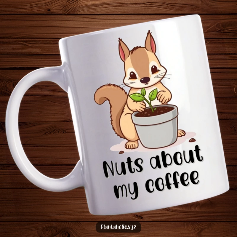 Funny mug showing a determined squirrel meticulously repotting a tiny seedling into a larger pot, a humorous woodland gardening scene.