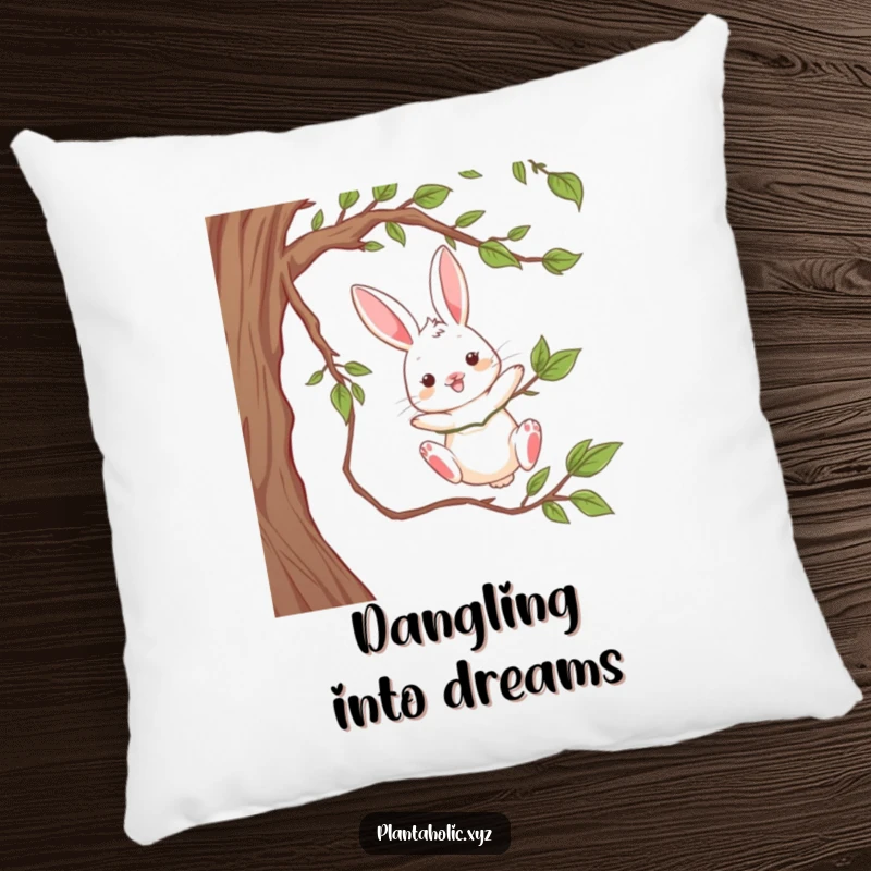 Funny pillow with a playful rabbit dangling from a thick vine, mid-air, a soft and playful decorative accent.