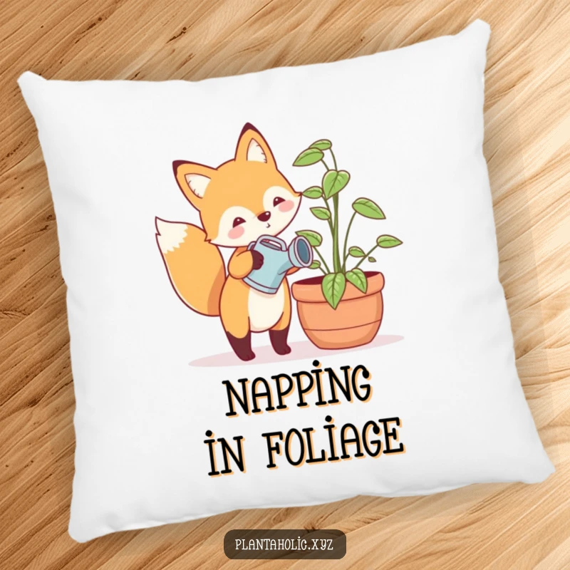Funny pillow with a happy fox holding a tiny watering can, gently watering a large potted plant, a soft and cheerful accent.