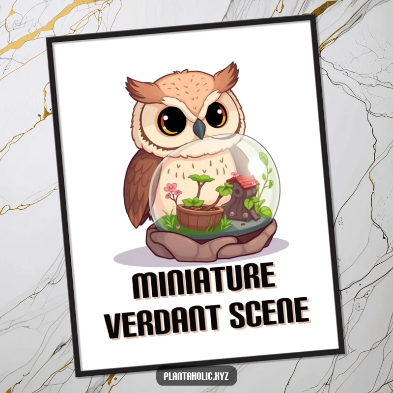Funny owl depicted in a curious stance over a vibrant miniature terrarium, available as instant digital art.