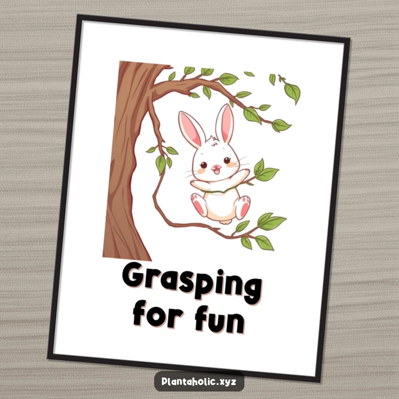 Funny digital art print of a playful rabbit dangling from a thick vine, mid-air joy, whimsical and charming adventure art.