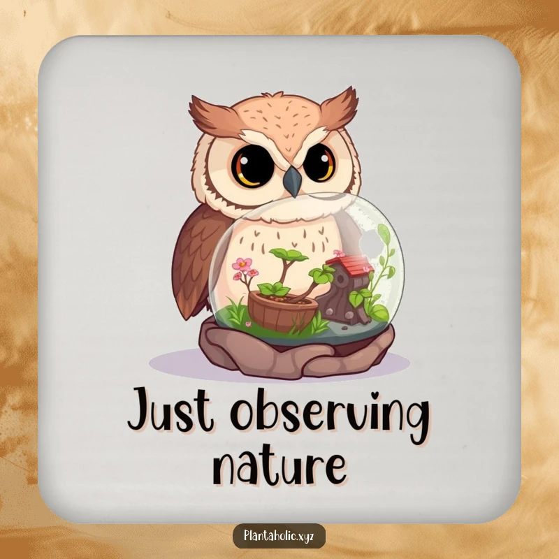 Funny owl curiously watching a miniature, thriving terrarium, adding a touch of nature-inspired humor.