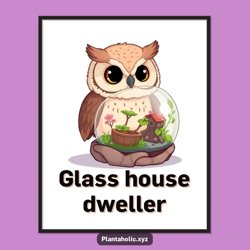 Funny Curious Owl Terrarium Art Print - Whimsical Wall Decor for Nature Lovers