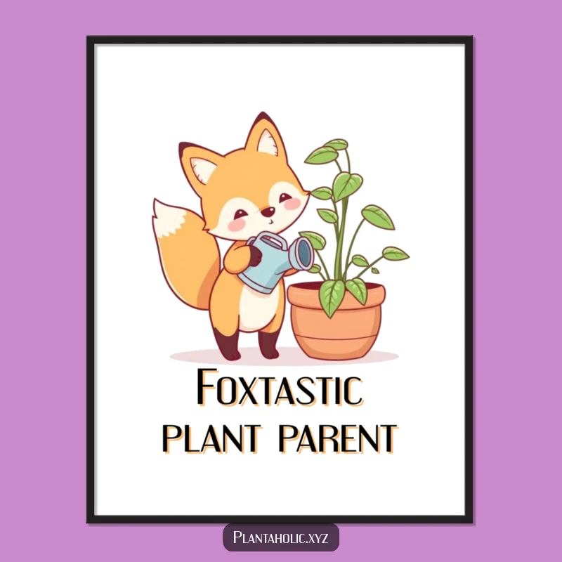 Funny Free Printable Wall Art: Happy Fox Watering Plant, Whimsical Downloadable Art Decor