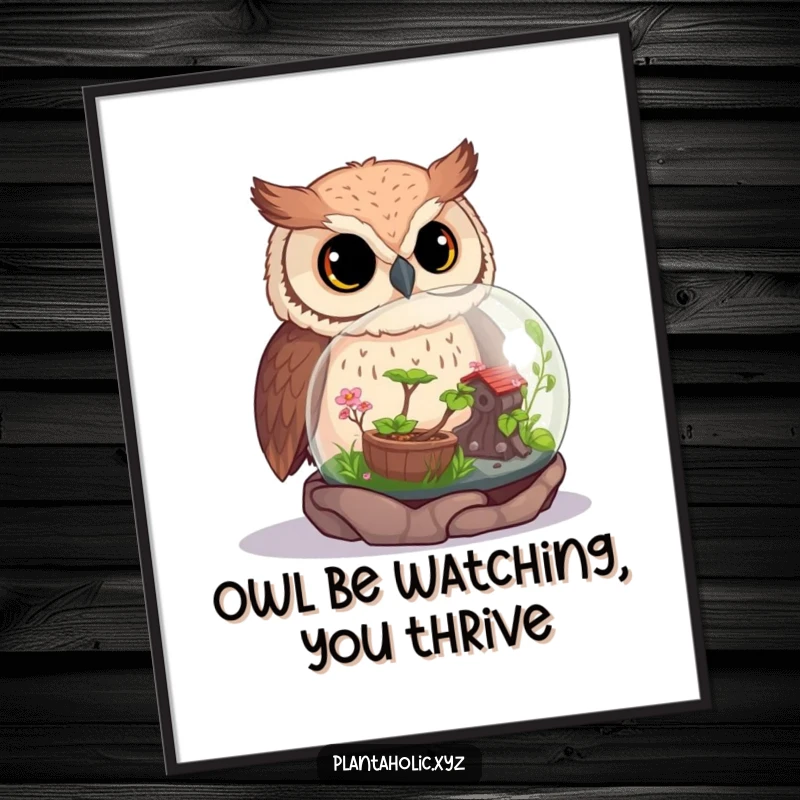 Funny Free Printable Wall Art showcasing a curious owl intensely observing a miniature, thriving terrarium ecosystem.