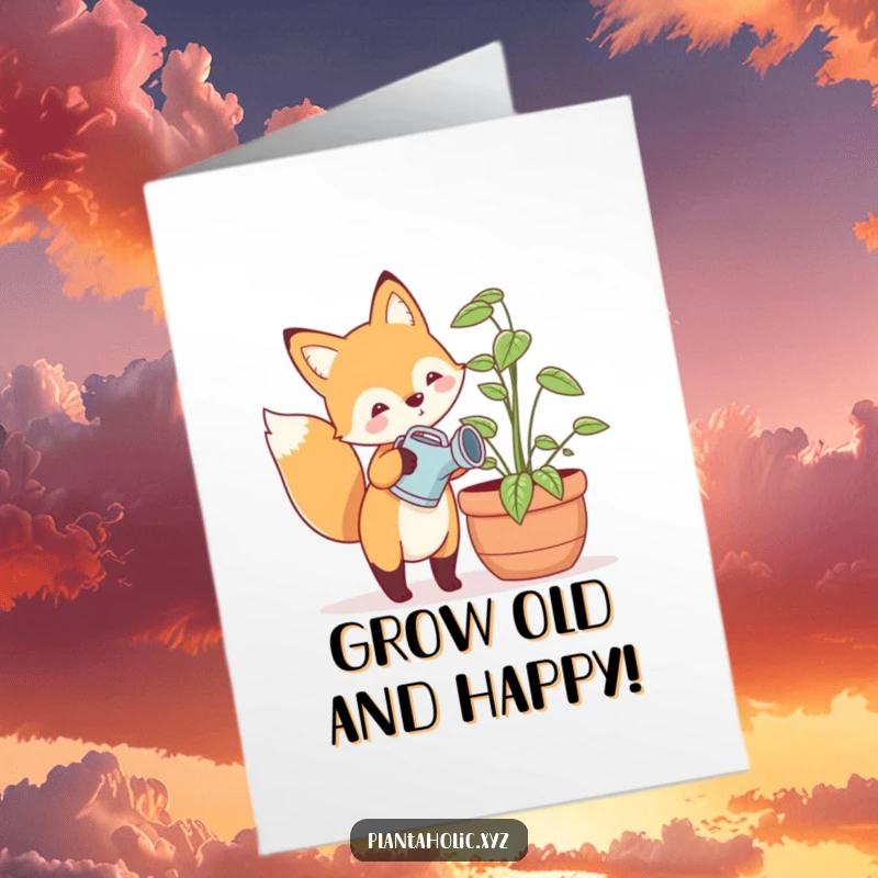 Funny Free Printable Birthday Card: Happy fox wearing a small watering can, gently watering a large potted plant, a sweet DIY gift.