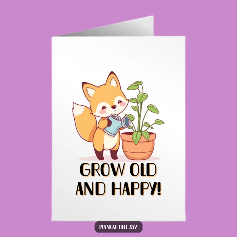 Free Printable Birthday Card: Happy Fox Watering Plant, Joyful DIY Downloadable Gift