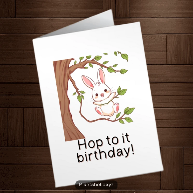 Funny Free Printable Birthday Card: Playful rabbit dangling from a thick vine, a humorous and adventurous DIY gift.