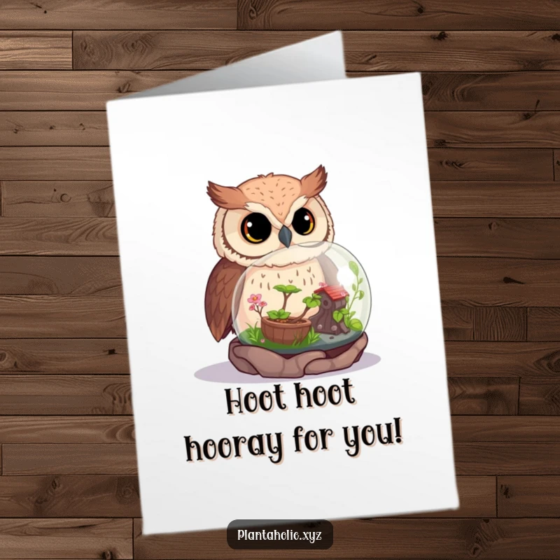 Funny Free Printable Congratulations Card: A curious owl gazes in wonder at a vibrant, miniature terrarium.
