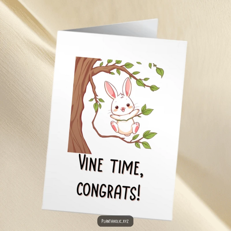Funny Free Printable Congratulations Card: Playful rabbit dangling from a thick vine, an amusing DIY gift.