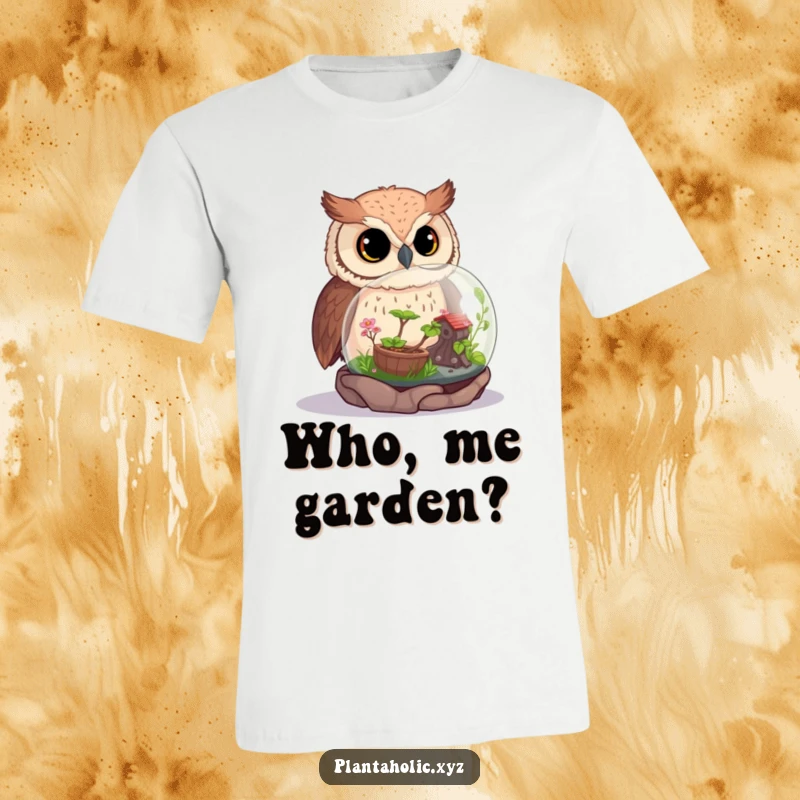 Funny owl with wide eyes observing a lush, detailed miniature terrarium, perfect for nature and plant enthusiasts.