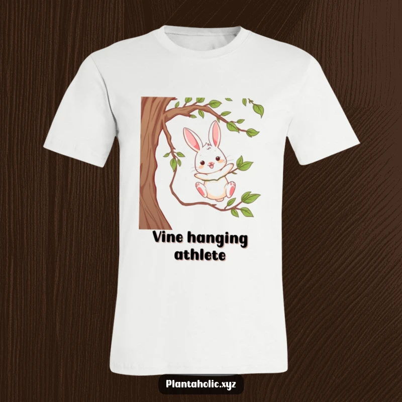 Funny t-shirt featuring a playful rabbit dangling from a thick vine, mid-air joy, a humorous and energetic animal design.