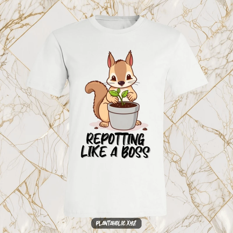 Funny t-shirt featuring a determined squirrel meticulously repotting a tiny seedling into a larger container, a humorous and detailed animal design.