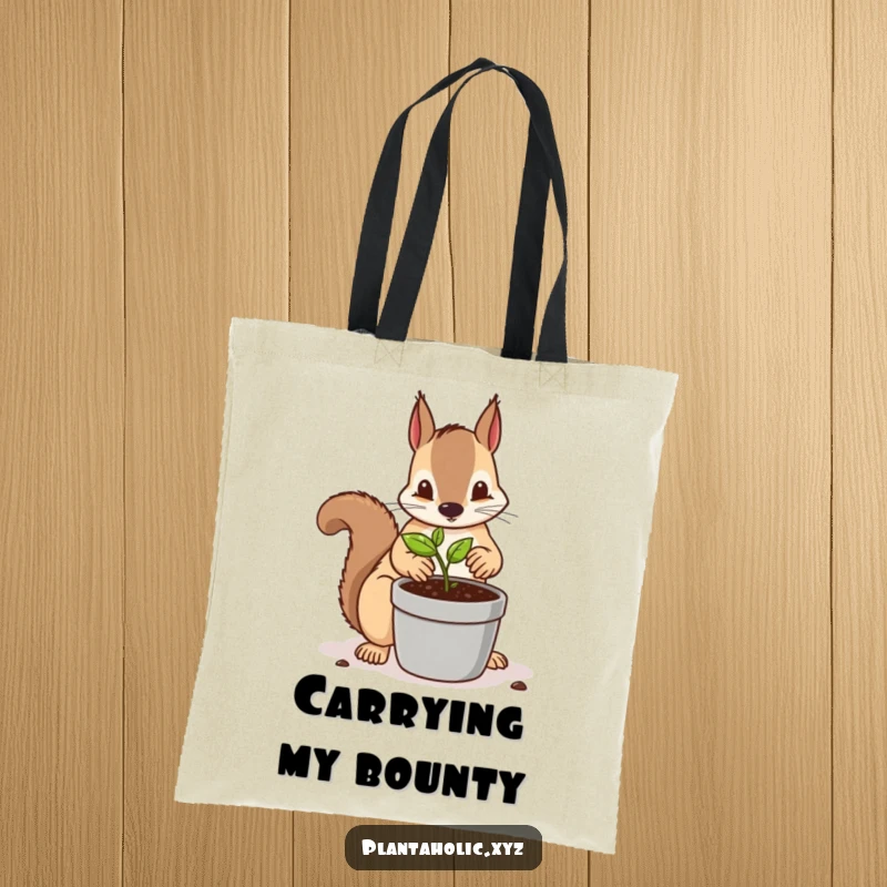 Funny tote bag with a determined squirrel meticulously repotting a tiny seedling into a larger pot, a chic and humorous gardening accessory.