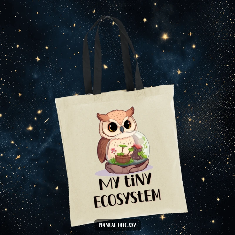 Funny owl gazing into a miniature, vibrant terrarium, highlighting an appreciation for plants and nature.