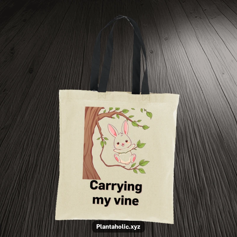 Funny tote bag with a playful rabbit dangling from a thick vine, mid-swing, a chic and humorous accessory.